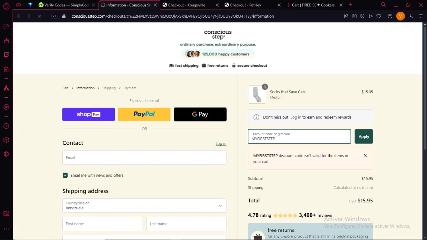 Conscious Step discount code screenshot showing code MYFIRSTSTEP applied at Conscious Step checkout page. Uploaded by SimplyCodes community member BrilliantLion4485 on Jan 12, 2025