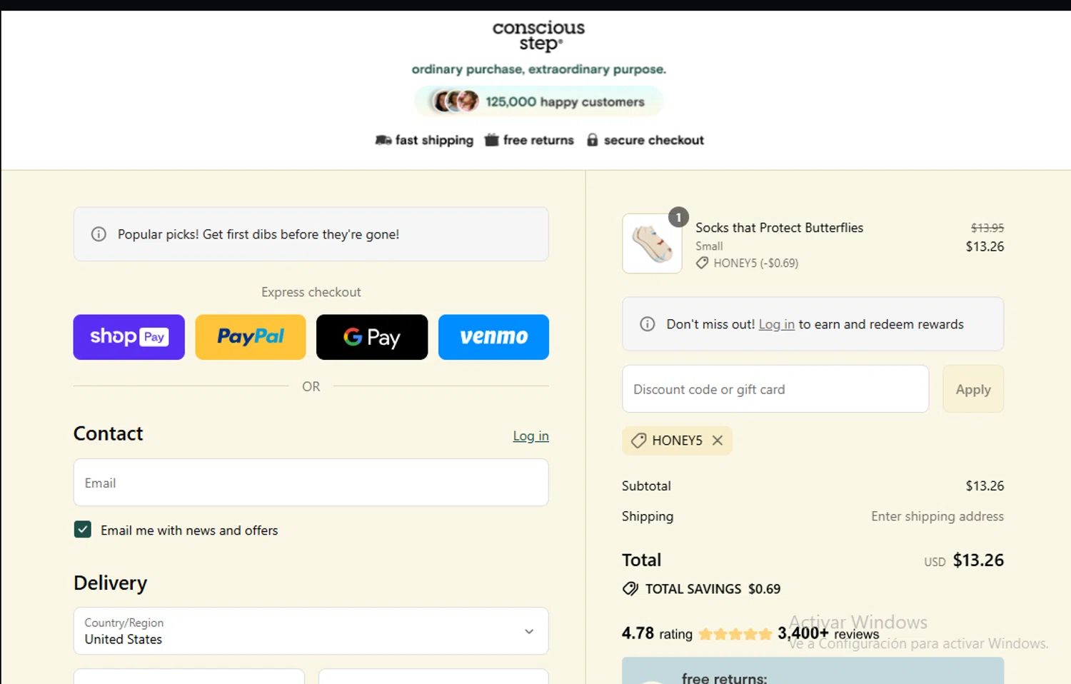 Conscious Step discount code screenshot showing code HONEY5 applied at Conscious Step checkout page. Uploaded by SimplyCodes community member Gary_23 on Jul 26, 2025