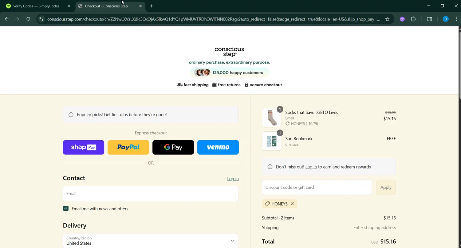Conscious Step discount code screenshot showing code HONEY5 applied at Conscious Step checkout page. Uploaded by SimplyCodes community member GoldChaser6627 on Jun 18, 2025