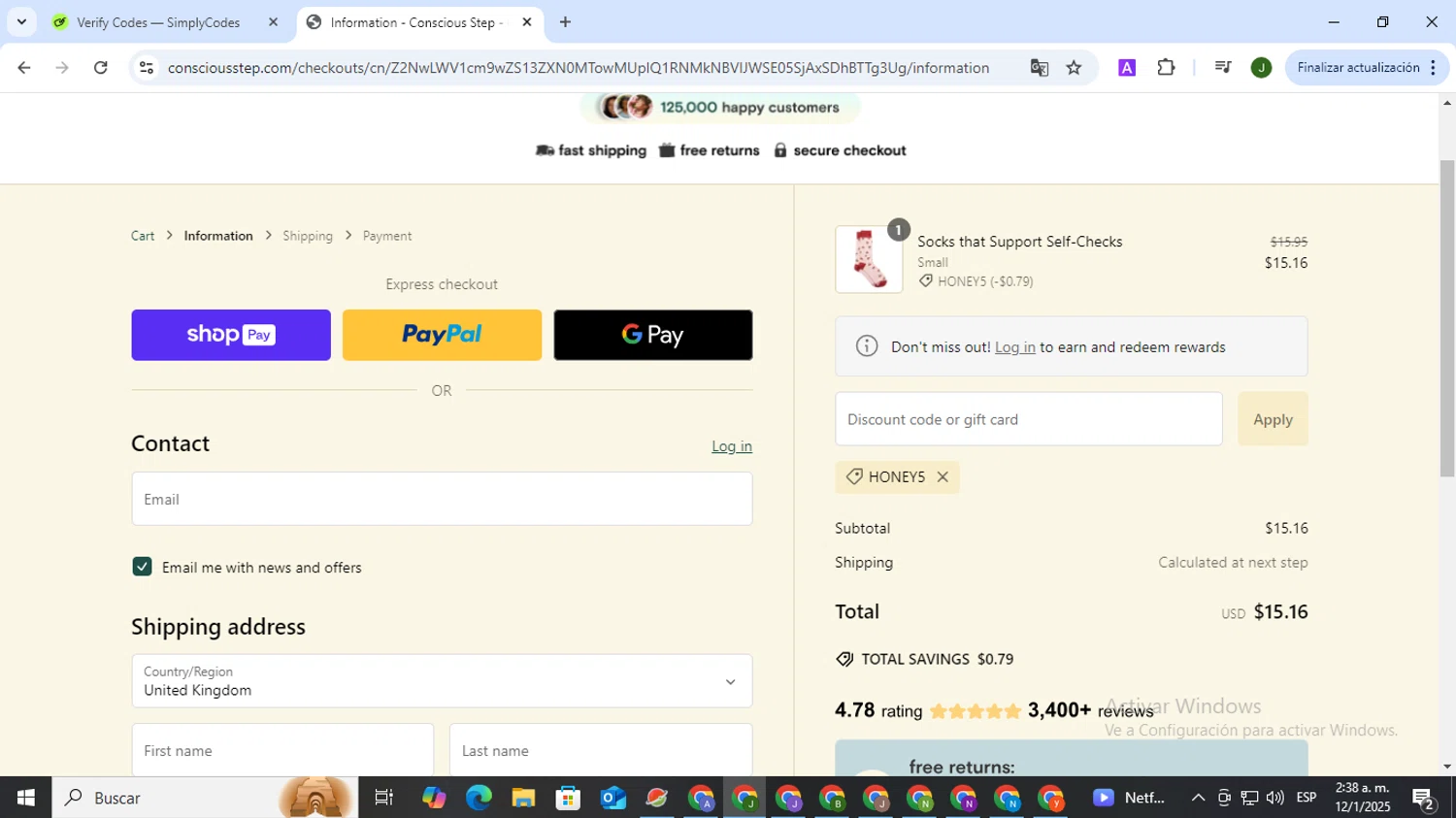 Conscious Step discount code screenshot showing code HONEY5 applied at Conscious Step checkout page. Uploaded by SimplyCodes community member CleverSeeker3529 on Jan 12, 2025