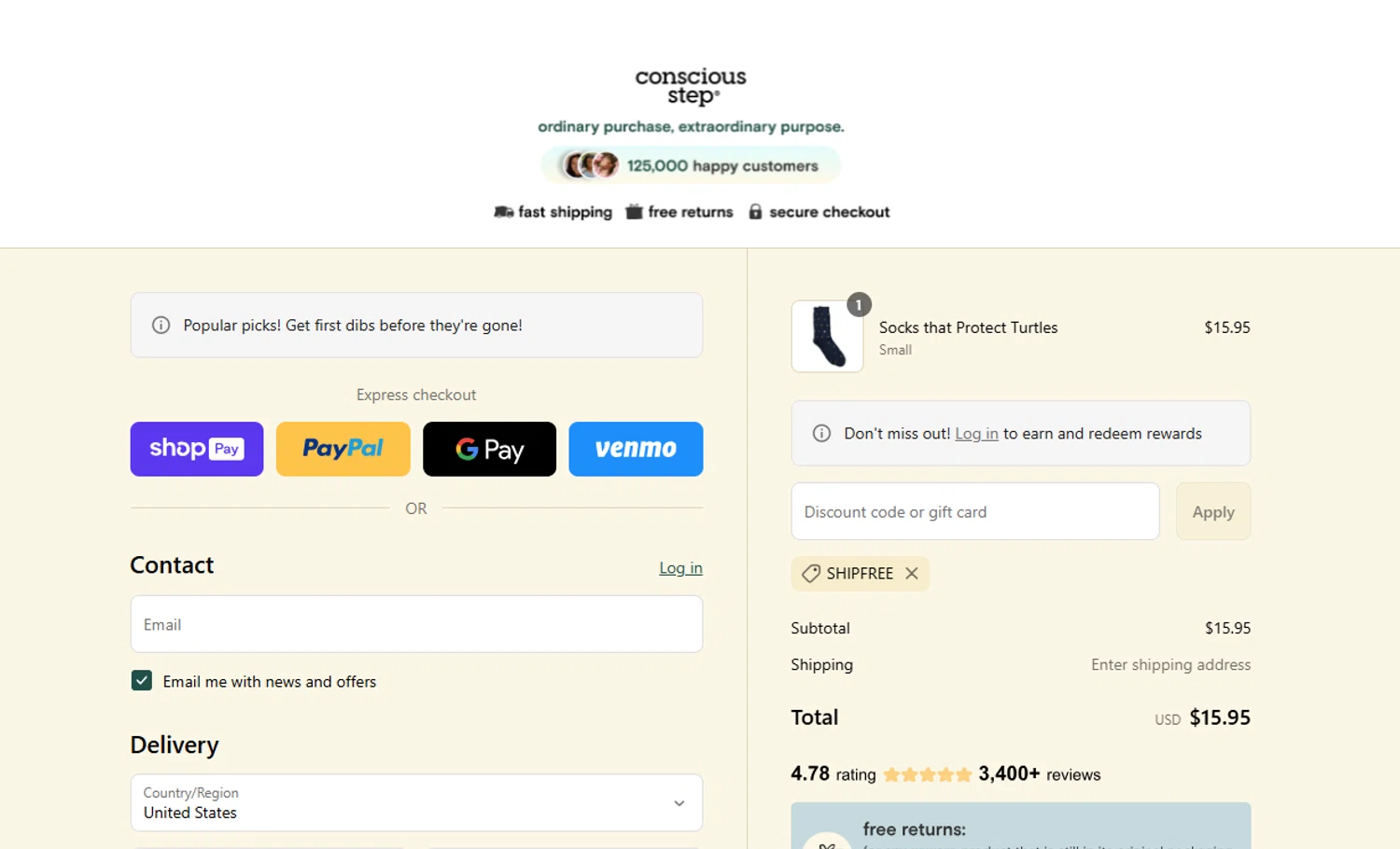 Conscious Step discount code screenshot showing code SHIPFREE applied at Conscious Step checkout page. Uploaded by SimplyCodes community member WonderSaver8569 on Jul 30, 2025