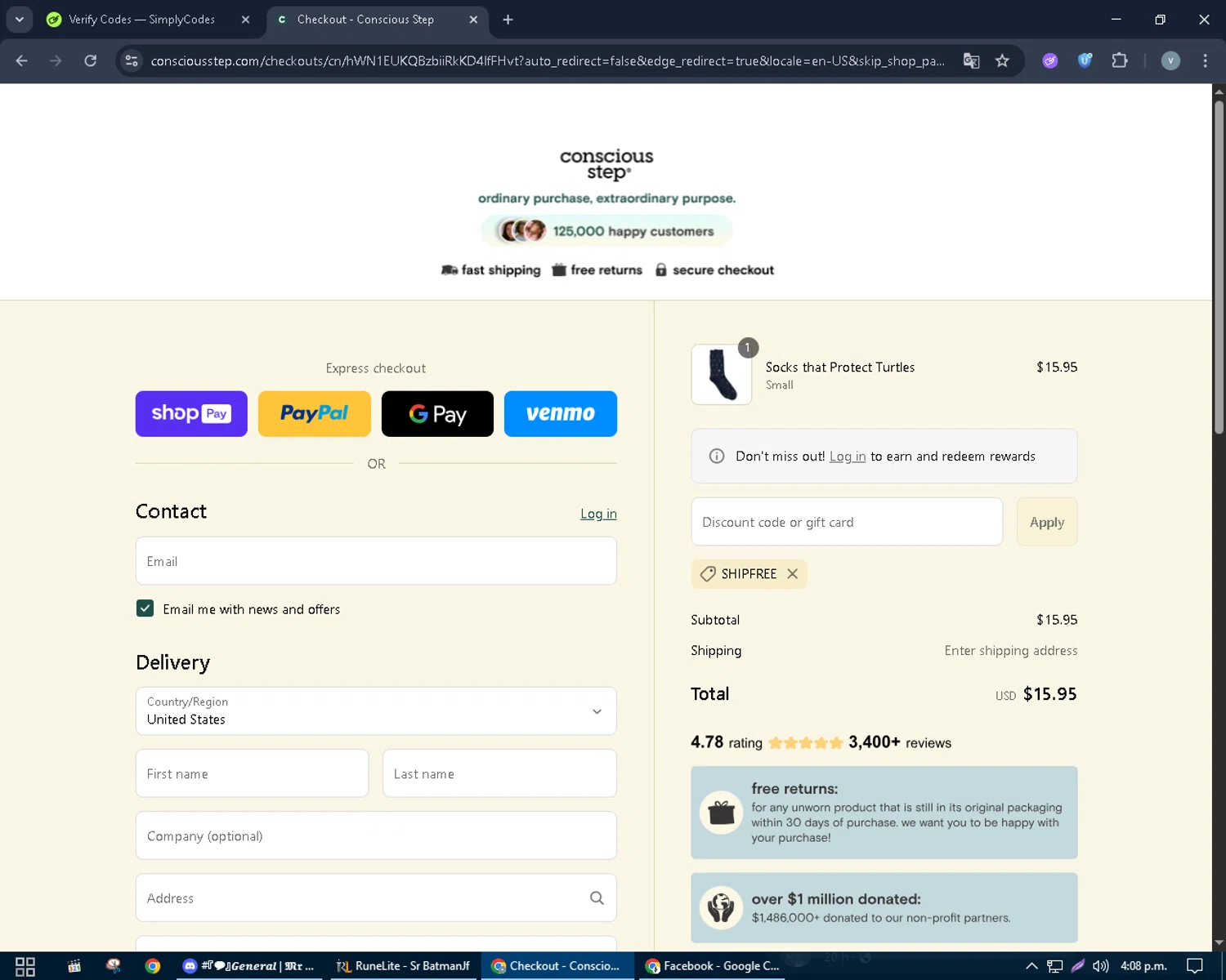 Conscious Step discount code screenshot showing code SHIPFREE applied at Conscious Step checkout page. Uploaded by SimplyCodes community member charmander589 on Jul 30, 2025