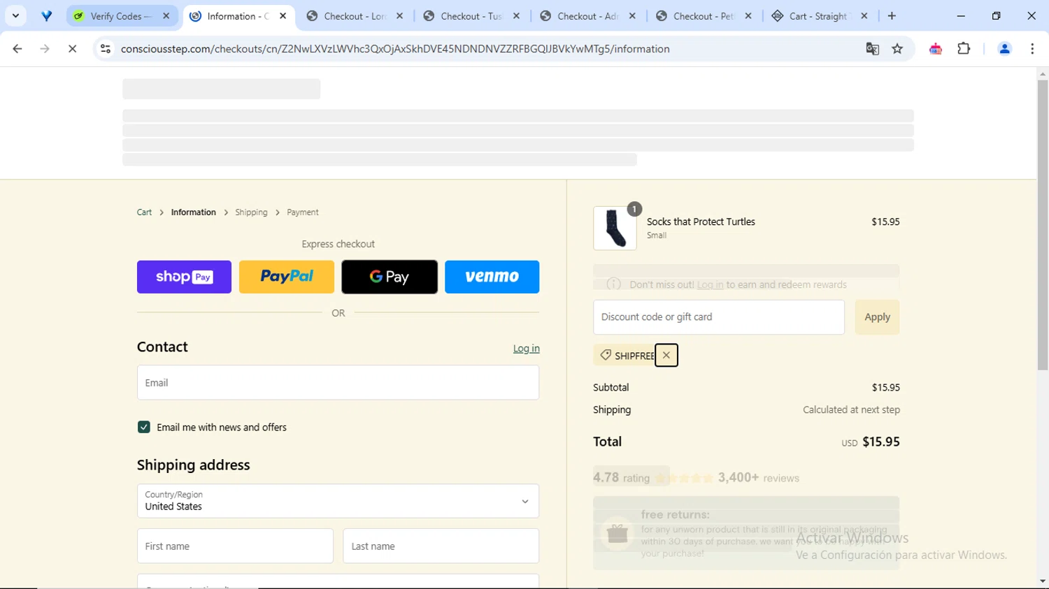 Conscious Step discount code screenshot showing code SHIPFREE applied at Conscious Step checkout page. Uploaded by SimplyCodes community member GoldFox1696 on Jan 12, 2025