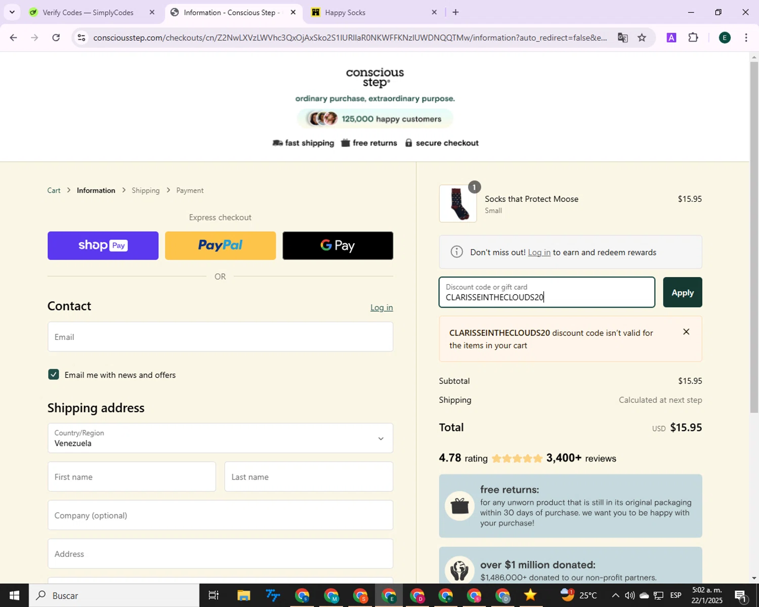 Conscious Step discount code screenshot showing code CLARISSEINTHECLOUDS20 applied at Conscious Step checkout page. Uploaded by SimplyCodes community member MagnificentTitan1134 on Jan 22, 2025