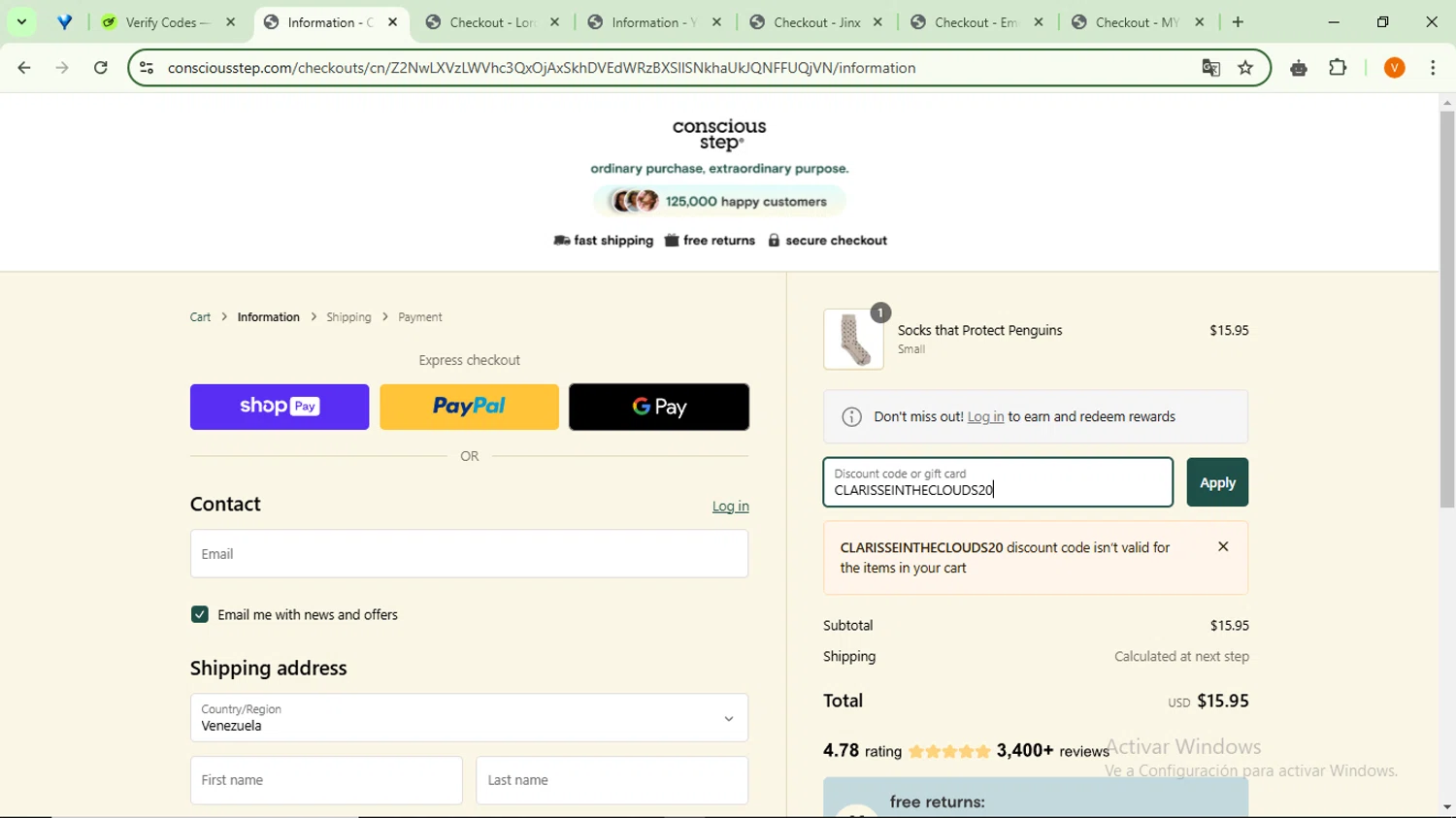Conscious Step discount code screenshot showing code CLARISSEINTHECLOUDS20 applied at Conscious Step checkout page. Uploaded by SimplyCodes community member RebateSaver5991 on Jan 12, 2025