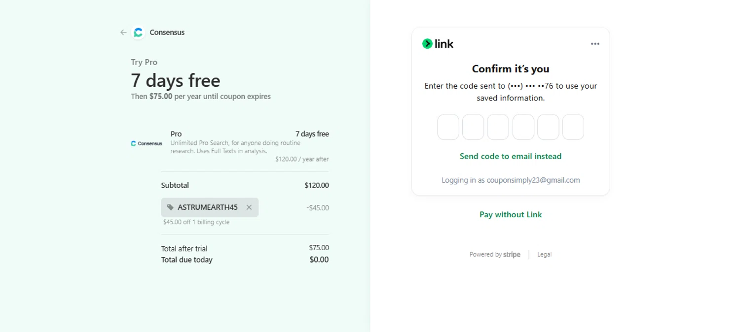 Consensus promo code screenshot showing code ASTRUMEARTH45 applied at Consensus checkout page. Uploaded by SimplyCodes community member Vanecobyuv on Oct 31, 2025