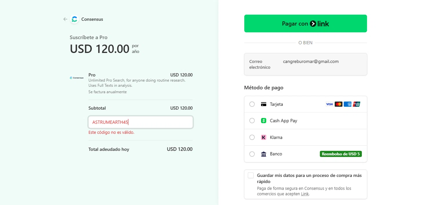Consensus promo code screenshot showing code ASTRUMEARTH45 applied at Consensus checkout page. Uploaded by SimplyCodes community member xHRxUltrax on Dec 18, 2025