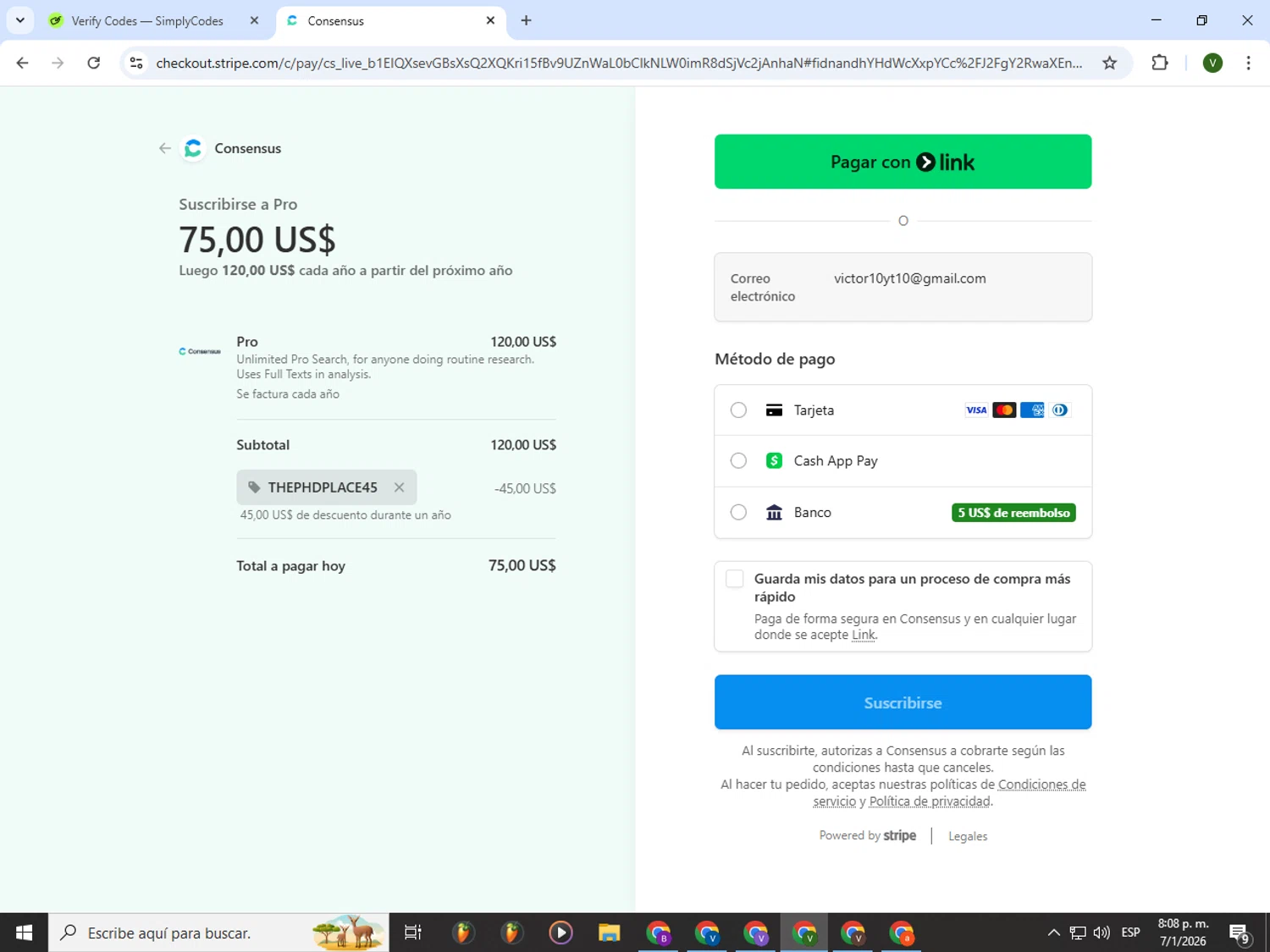 Consensus checkout page showing Consensus promo code box | Screenshot taken by SimplyCodes community member on Jan 8, 2026