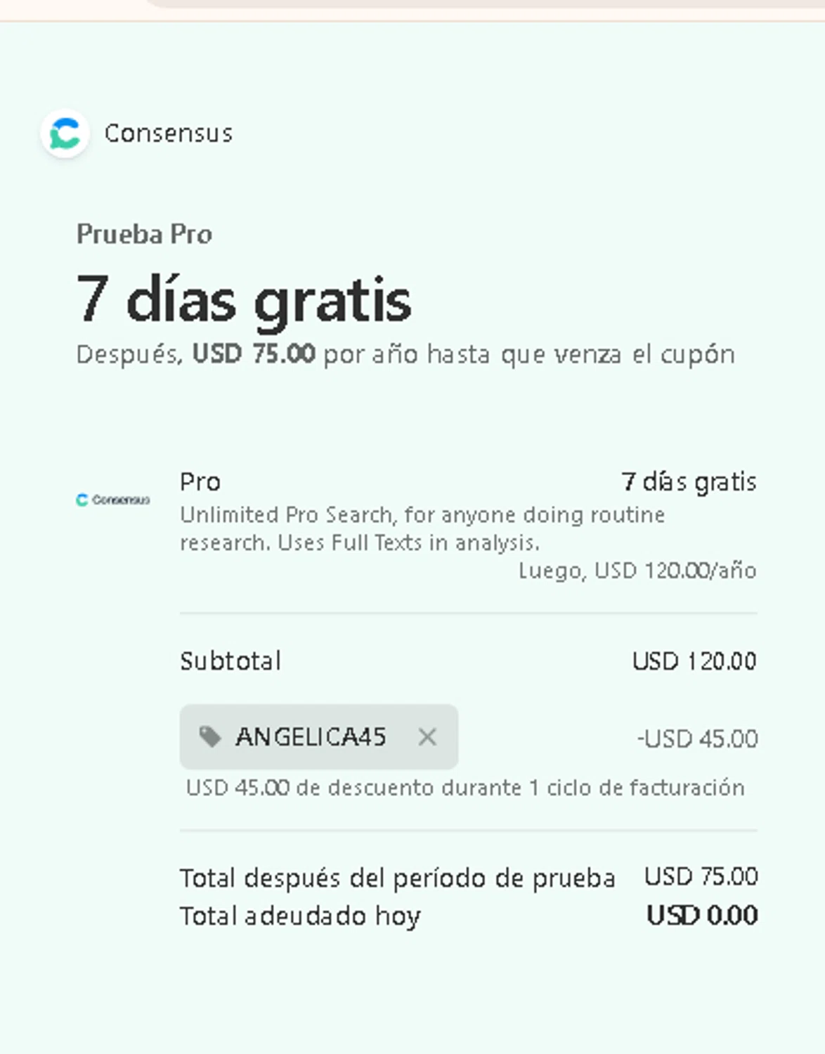 Consensus promo code screenshot showing code ANGELICA45 applied at Consensus checkout page. Uploaded by SimplyCodes community member AMANDA2681 on Dec 18, 2025
