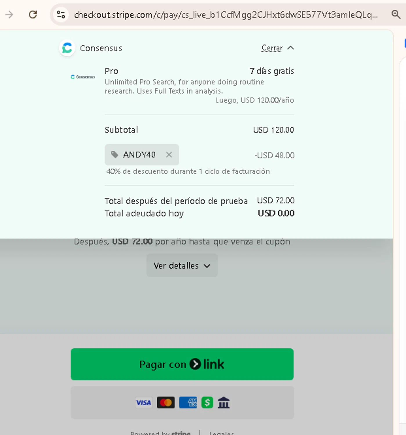 Consensus promo code screenshot showing code ANDY40 applied at Consensus checkout page. Uploaded by SimplyCodes community member AMANDA2681 on Dec 18, 2025