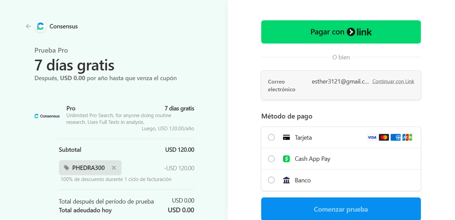 Consensus promo code screenshot showing code Phedra300 applied at Consensus checkout page. Uploaded by SimplyCodes community member ESTHER3121 on Oct 31, 2025