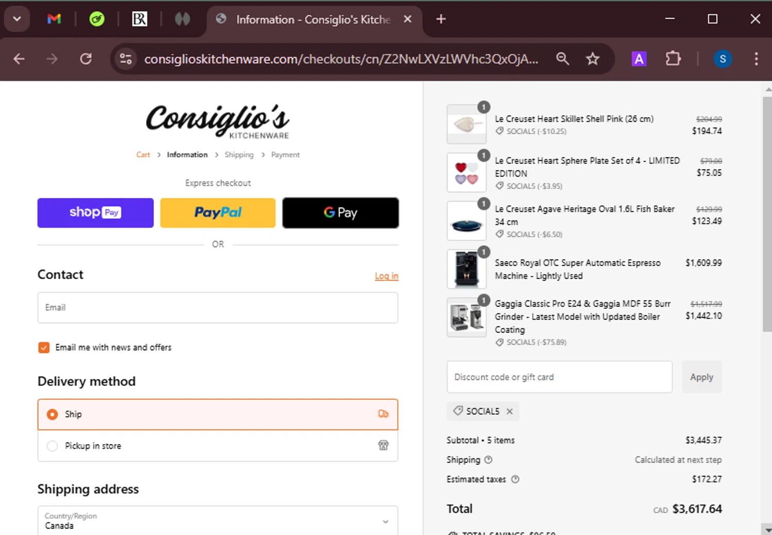 Consiglio's Kitchenware discount code screenshot showing code SOCIAL5 applied at Consiglio's Kitchenware checkout page. Uploaded by SimplyCodes community member BrandoJose1 on Jan 27, 2025