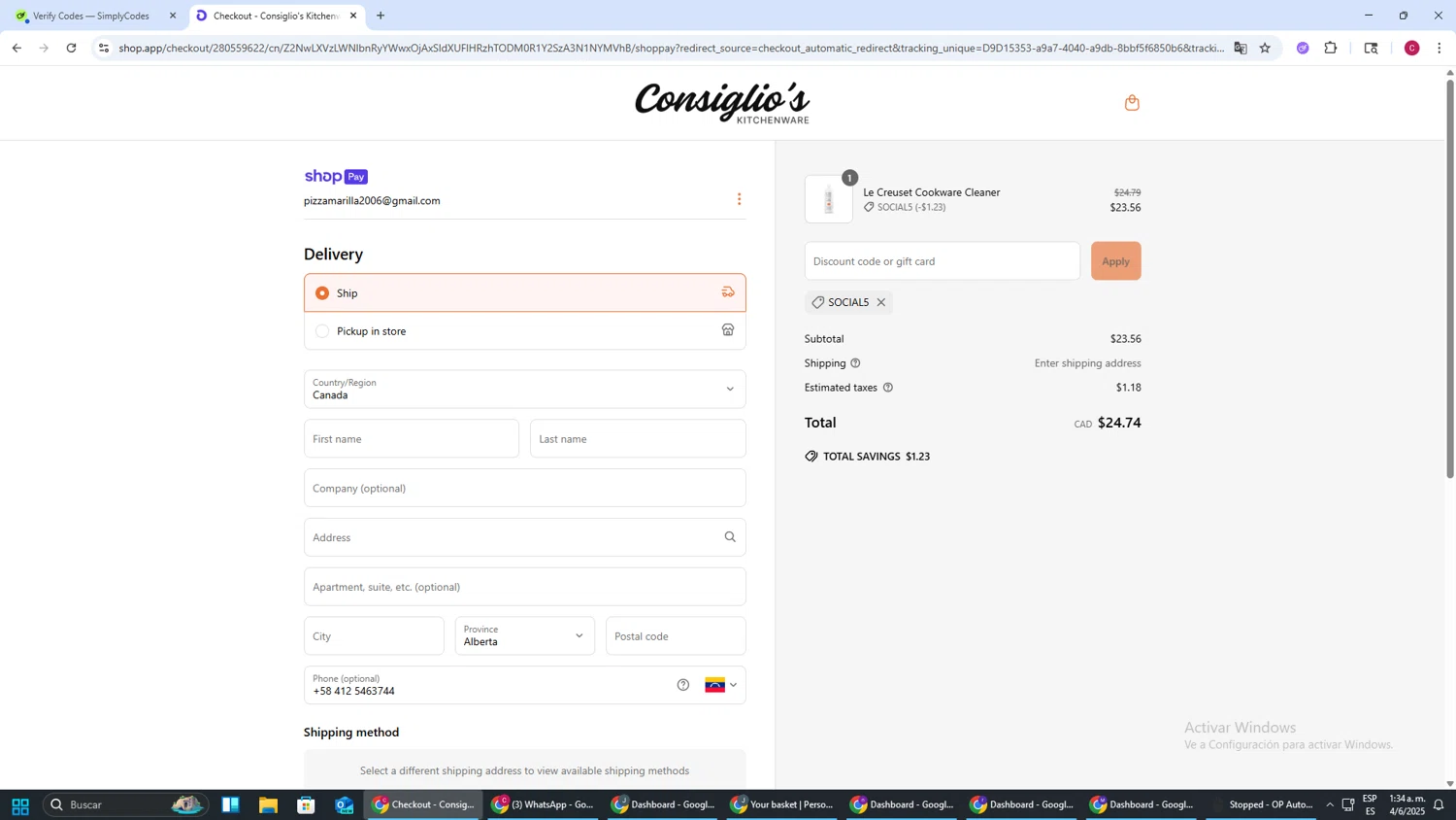 Consiglio's Kitchenware discount code screenshot showing code SOCIAL5 applied at Consiglio's Kitchenware checkout page. Uploaded by SimplyCodes community member TOROREX250 on Jun 4, 2025