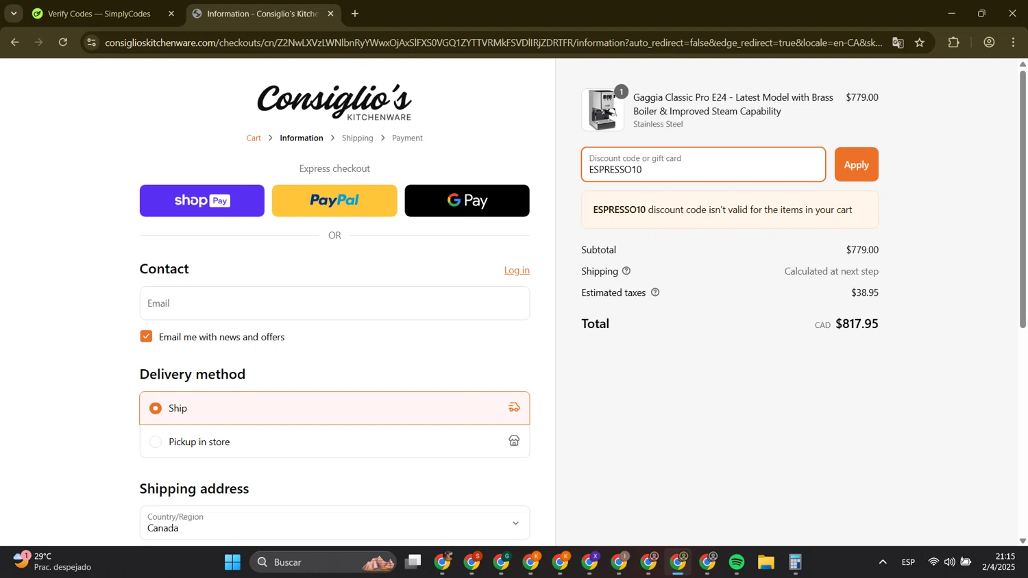 Consiglio's Kitchenware discount code screenshot showing code ESPRESSO10 applied at Consiglio's Kitchenware checkout page. Uploaded by SimplyCodes community member DanielR24 on Apr 3, 2025