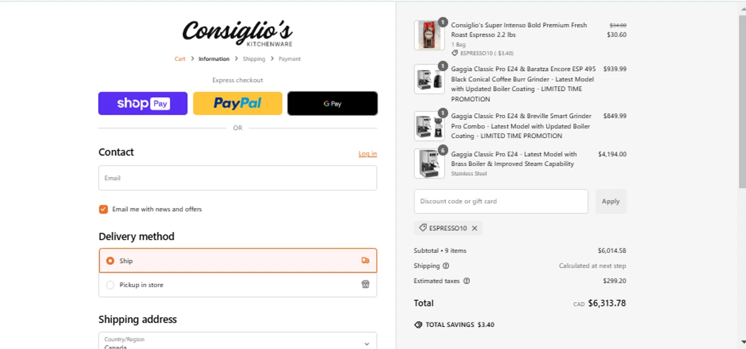 Consiglio's Kitchenware discount code screenshot showing code ESPRESSO10 applied at Consiglio's Kitchenware checkout page. Uploaded by SimplyCodes community member alejandroadrianza on Jan 23, 2025