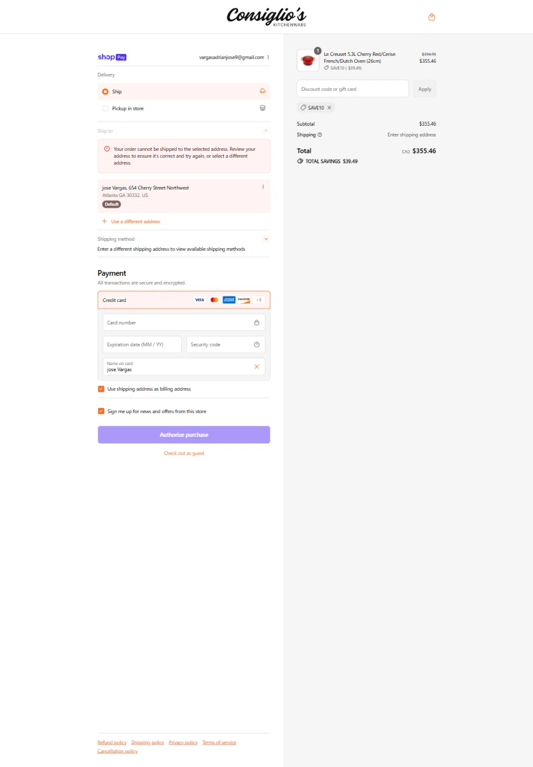 Consiglio's Kitchenware discount code screenshot showing code Save10 applied at Consiglio's Kitchenware checkout page. Uploaded by SimplyCodes community member Rossimar on Jul 21, 2025