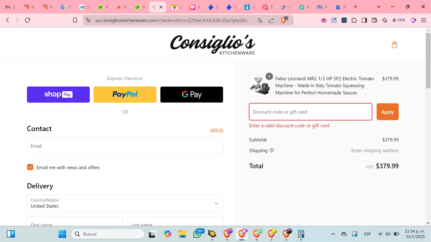 Consiglio's Kitchenware discount code screenshot showing code Save10 applied at Consiglio's Kitchenware checkout page. Uploaded by SimplyCodes community member cosita on Jan 13, 2025