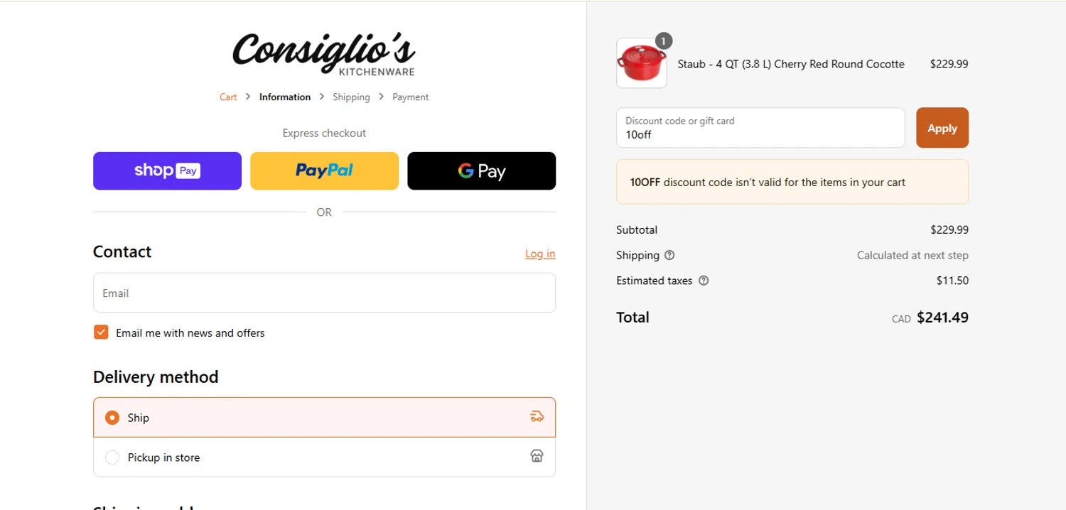 Consiglio's Kitchenware discount code screenshot showing code 10off applied at Consiglio's Kitchenware checkout page. Uploaded by SimplyCodes community member LukaModric10 on Jun 1, 2025