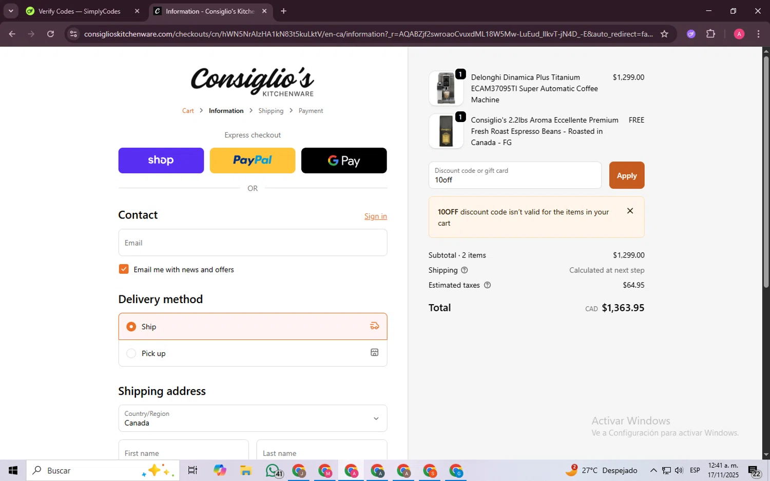 Consiglio's Kitchenware discount code screenshot showing code 10off applied at Consiglio's Kitchenware checkout page. Uploaded by SimplyCodes community member SaleScholar6713 on Nov 17, 2025