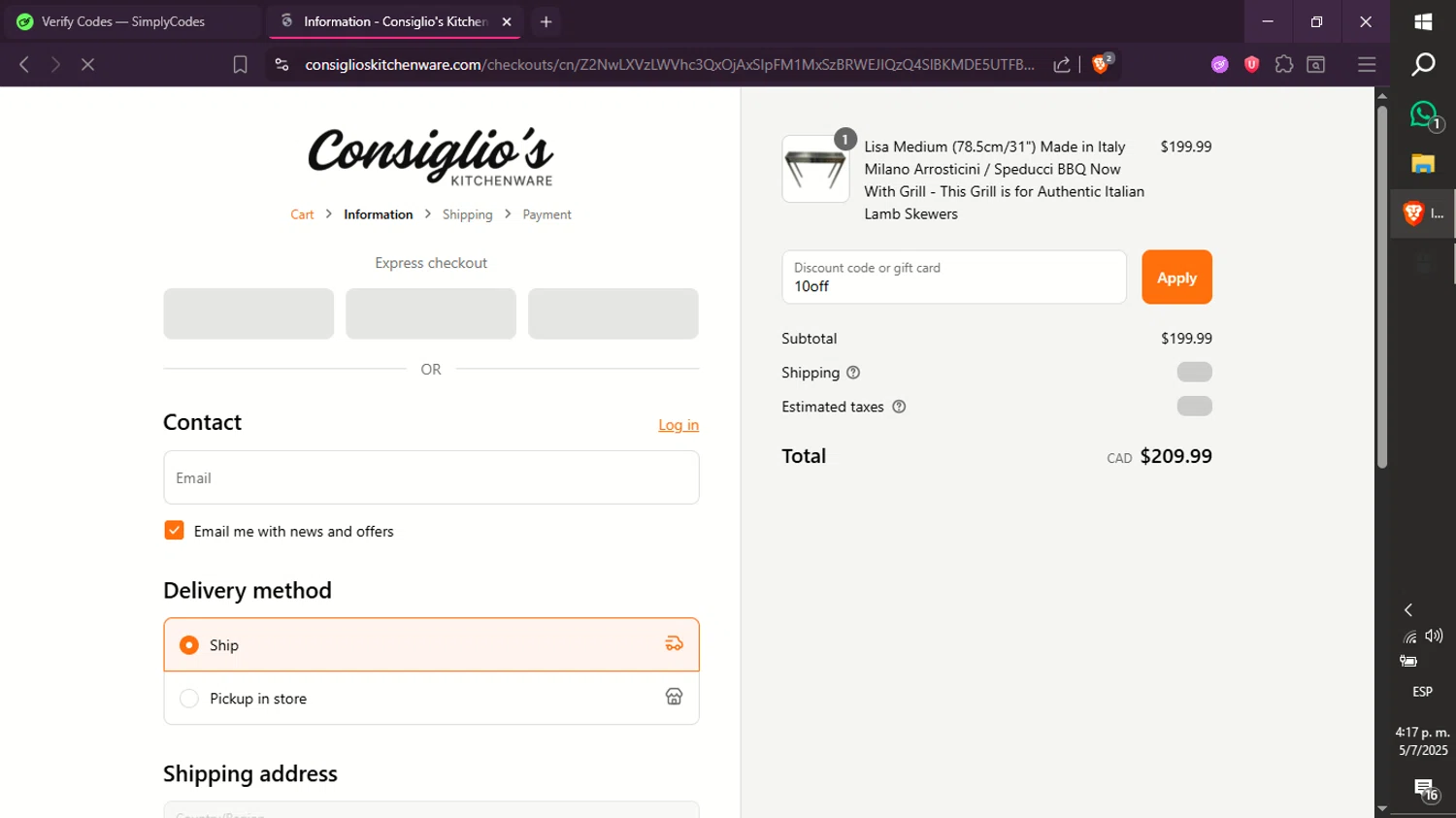 Consiglio's Kitchenware discount code screenshot showing code 10off applied at Consiglio's Kitchenware checkout page. Uploaded by SimplyCodes community member xXdevoragoticas69Xx on Jul 5, 2025