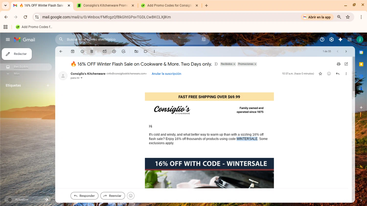 Consiglio's Kitchenware discount code screenshot showing code WINTERSALE applied at Consiglio's Kitchenware checkout page. Uploaded by SimplyCodes community member yennifergonzalez on Feb 3, 2026