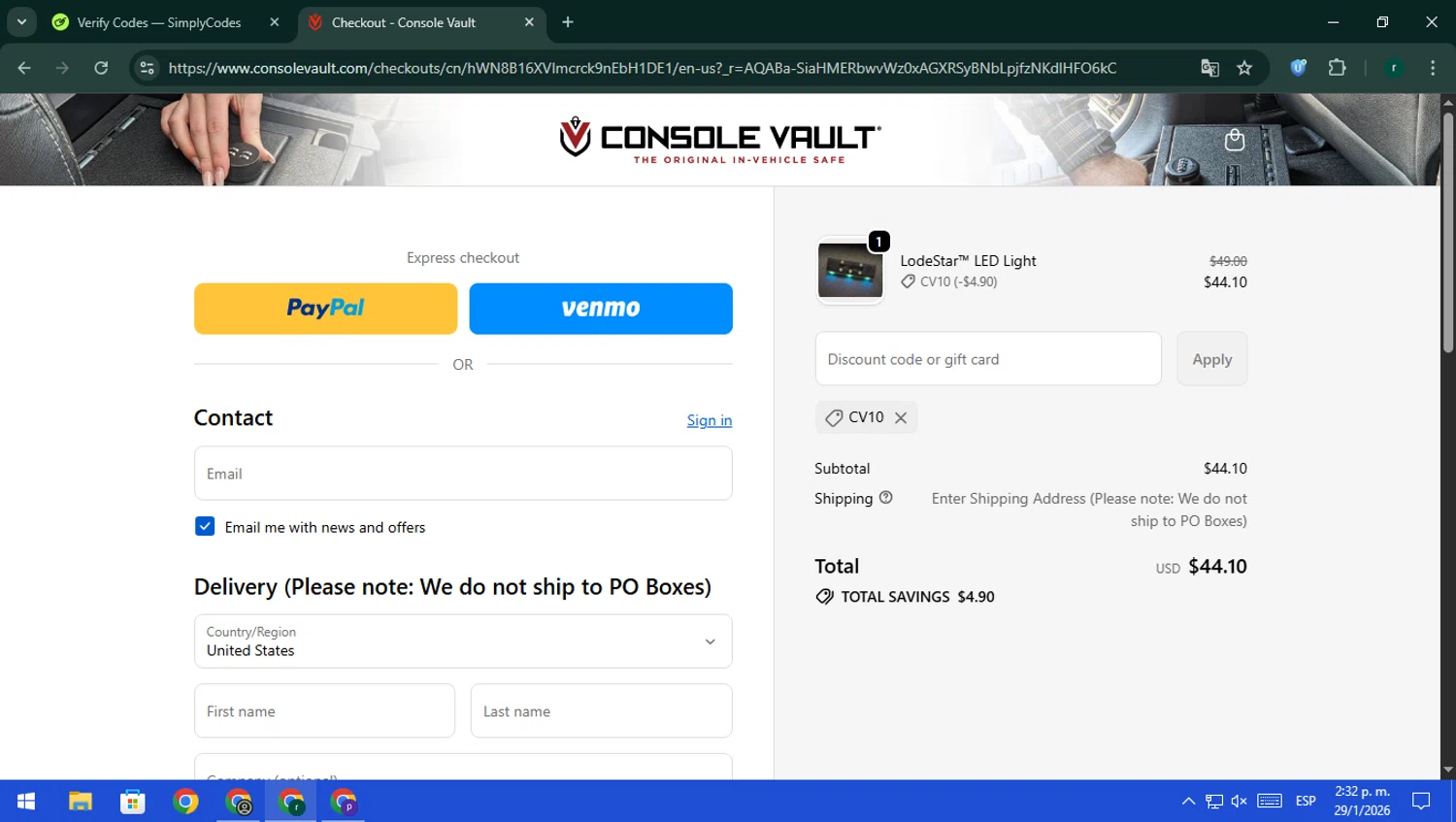Console Vault promo code screenshot showing code CV10 applied at Console Vault checkout page. Uploaded by SimplyCodes community member rodri1 on Jan 29, 2026