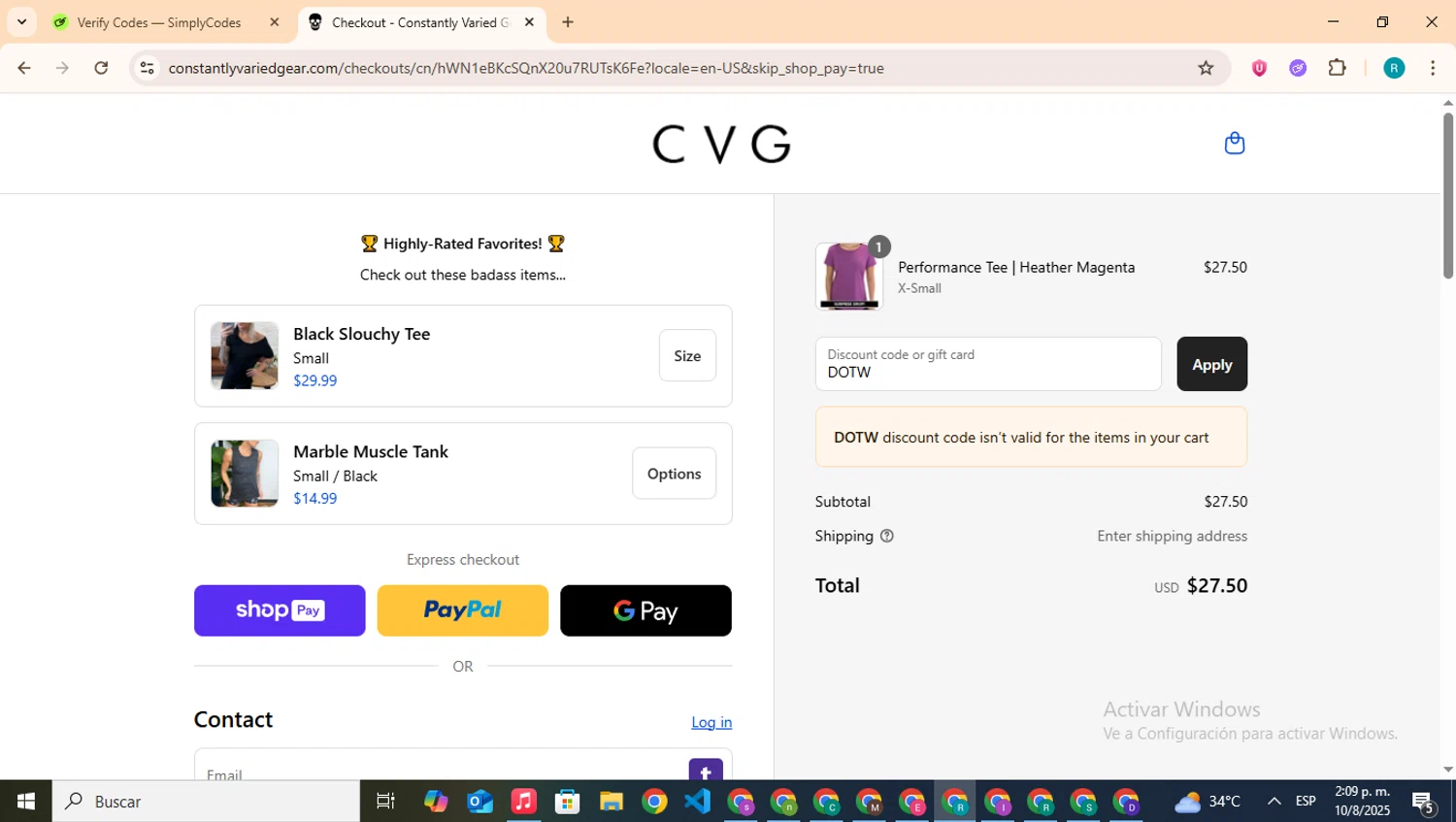 Constantly Varied Gear discount code screenshot showing code DOTW applied at Constantly Varied Gear checkout page. Uploaded by SimplyCodes community member BudgetHero4407 on Aug 10, 2025