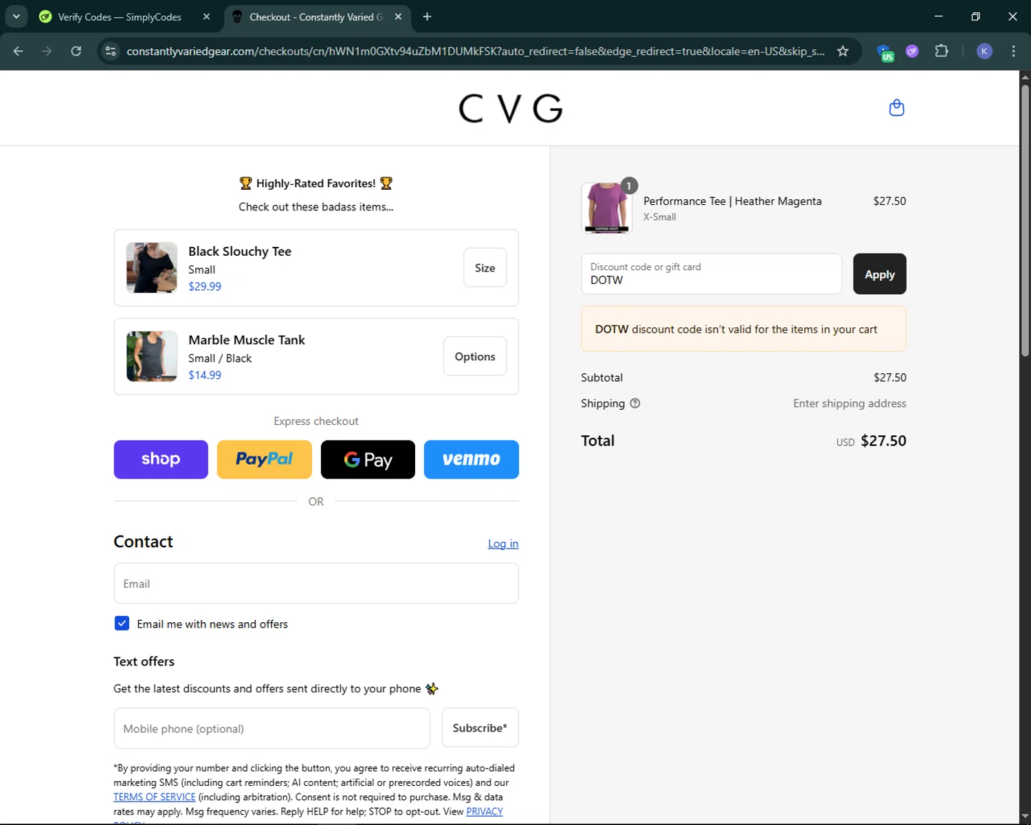 Constantly Varied Gear discount code screenshot showing code DOTW applied at Constantly Varied Gear checkout page. Uploaded by SimplyCodes community member KevLapage on Aug 14, 2025
