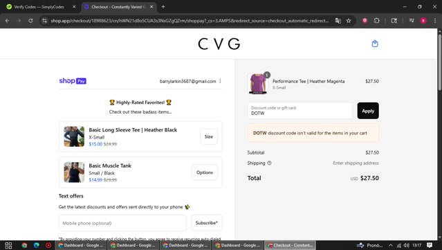 Constantly Varied Gear checkout page showing Constantly Varied Gear discount code box | Screenshot taken by SimplyCodes community member on Aug 20, 2025