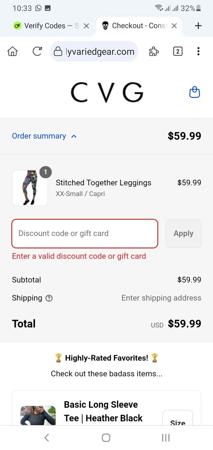 Constantly Varied Gear discount code screenshot showing code PPILOTV4Z6 applied at Constantly Varied Gear checkout page. Uploaded by SimplyCodes community member menotychire on Aug 28, 2025