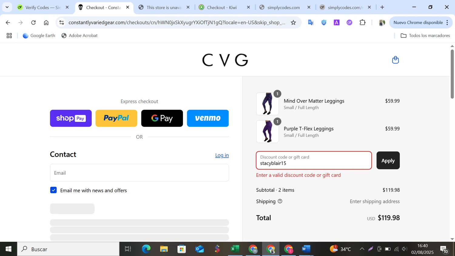 Constantly Varied Gear discount code screenshot showing code stacyblair15 applied at Constantly Varied Gear checkout page. Uploaded by SimplyCodes community member NobleMonarch5837 on Aug 2, 2025