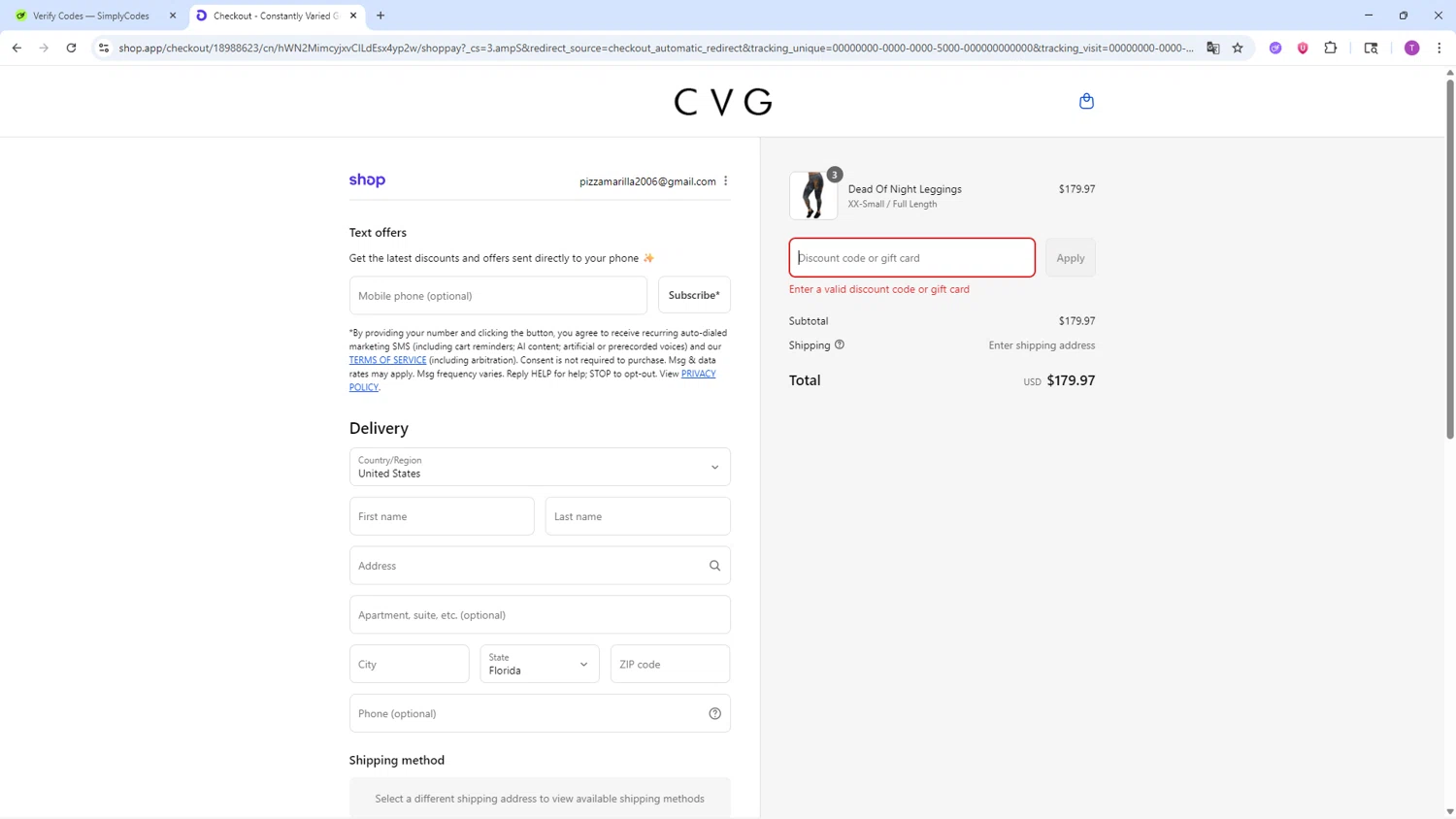 Constantly Varied Gear discount code screenshot showing code T5L89B9B applied at Constantly Varied Gear checkout page. Uploaded by SimplyCodes community member ShrewdSleuth9497 on Aug 29, 2025