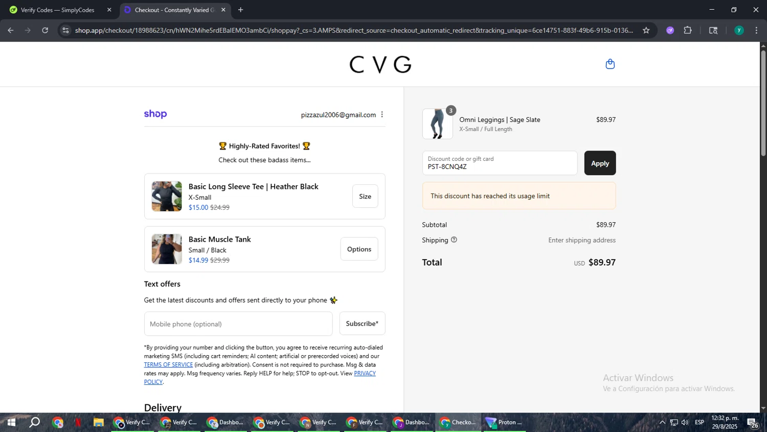 Constantly Varied Gear discount code screenshot showing code PST-8CNQ4Z applied at Constantly Varied Gear checkout page. Uploaded by SimplyCodes community member FrugalCaptain6906 on Aug 29, 2025