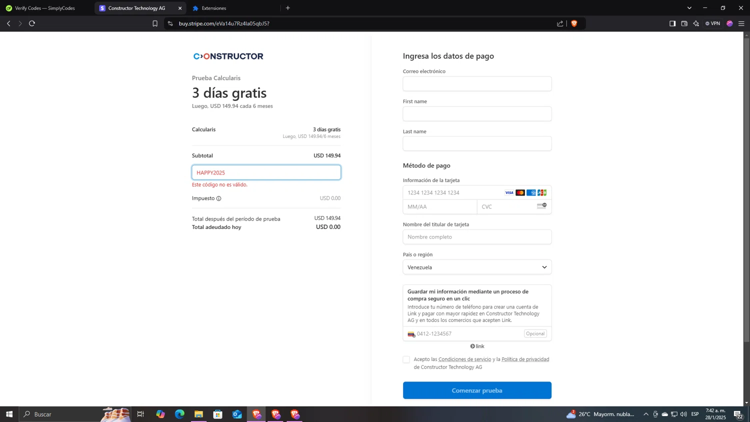 Constructor promo code screenshot showing code HAPPY2025 applied at Constructor checkout page. Uploaded by SimplyCodes community member CocuydePenca on Jan 28, 2025