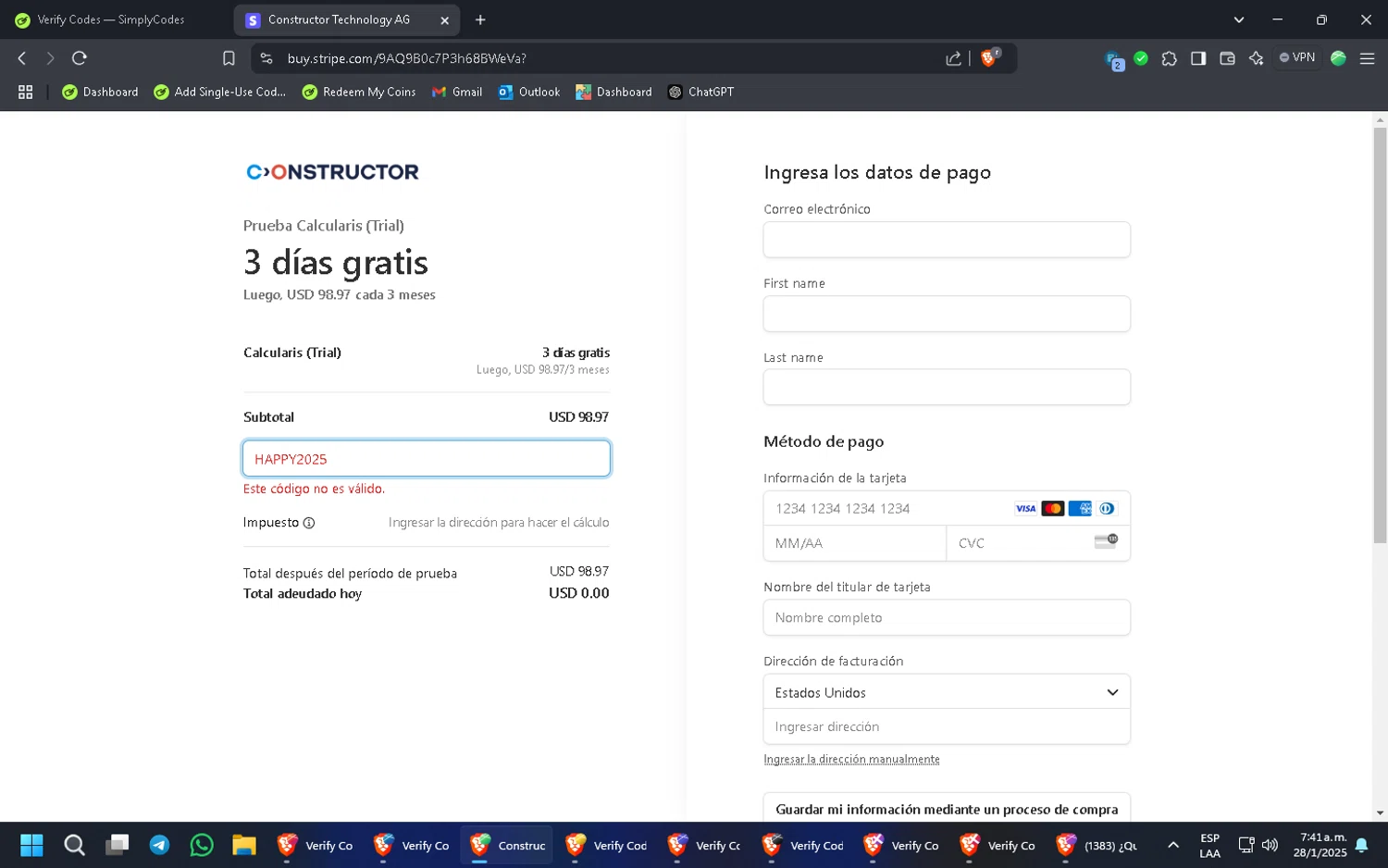 Constructor promo code screenshot showing code HAPPY2025 applied at Constructor checkout page. Uploaded by SimplyCodes community member PennyMonarch4540 on Jan 28, 2025