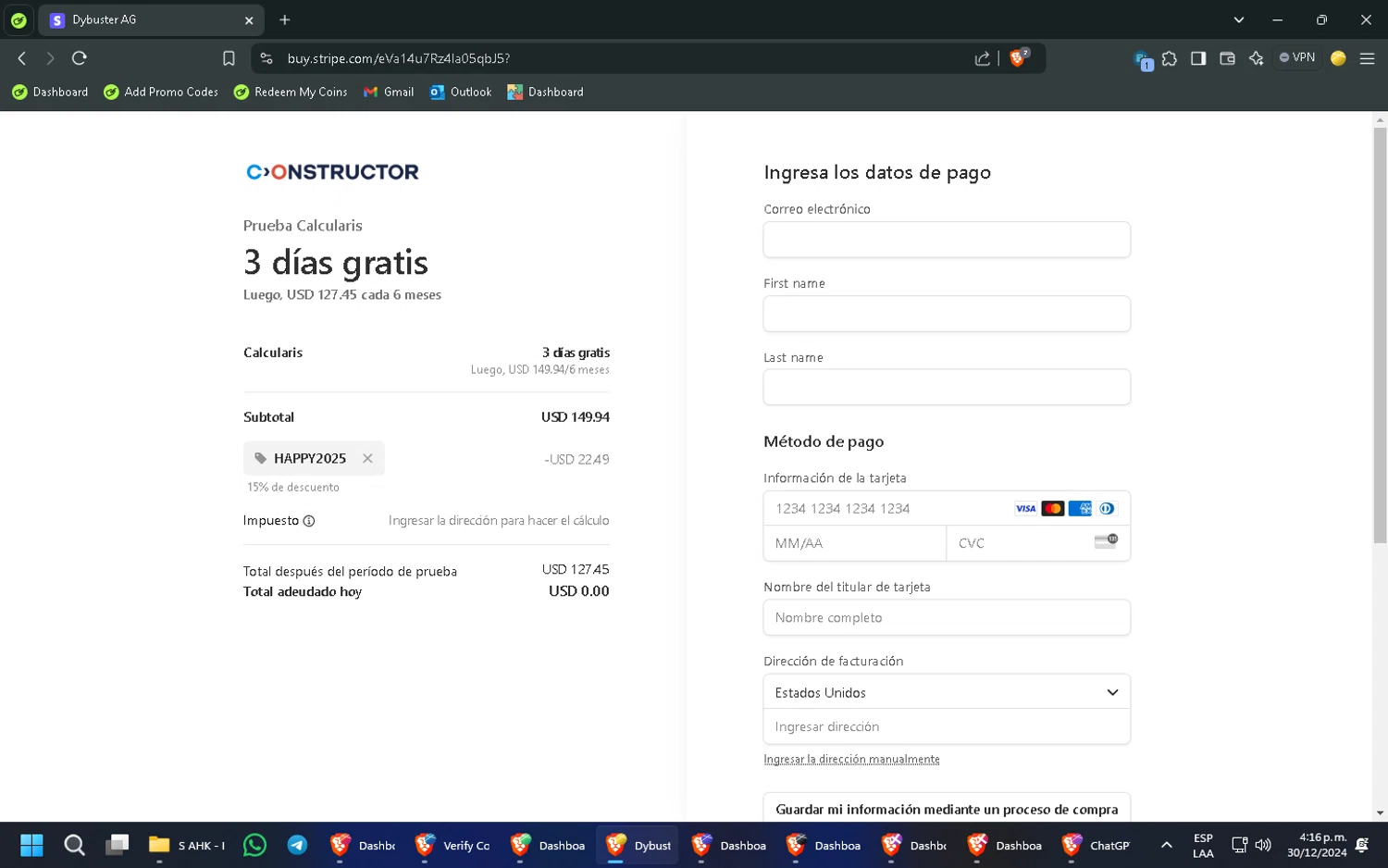 Constructor checkout page showing Constructor promo code box | Screenshot taken by SimplyCodes community member on Dec 30, 2024