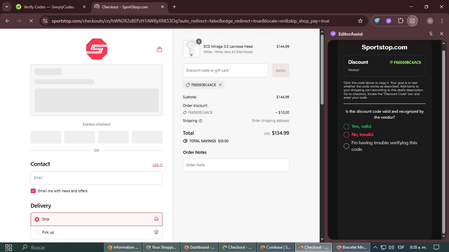 Constructor promo code screenshot showing code HELLO10 applied at Constructor checkout page. Uploaded by SimplyCodes community member CarlitosAndres on Aug 31, 2025