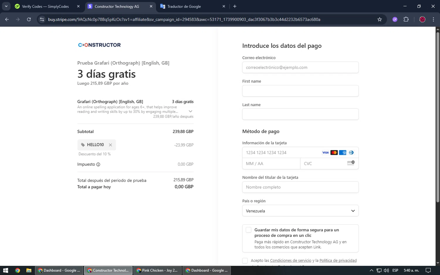 Constructor promo code screenshot showing code HELLO10 applied at Constructor checkout page. Uploaded by SimplyCodes community member SrSolomon on Jun 5, 2025