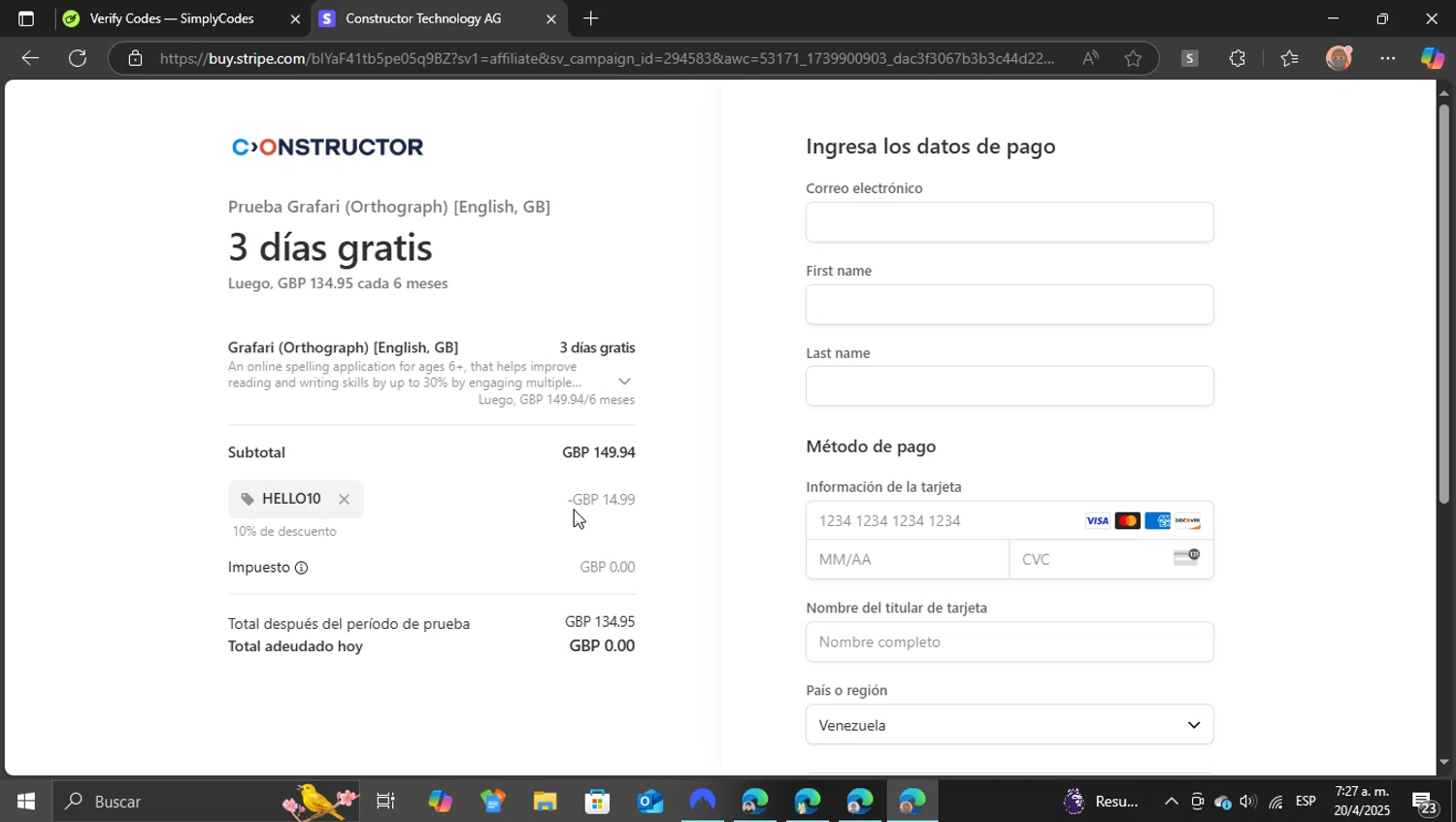 Constructor checkout page showing Constructor promo code box | Screenshot taken by SimplyCodes community member on Apr 20, 2025