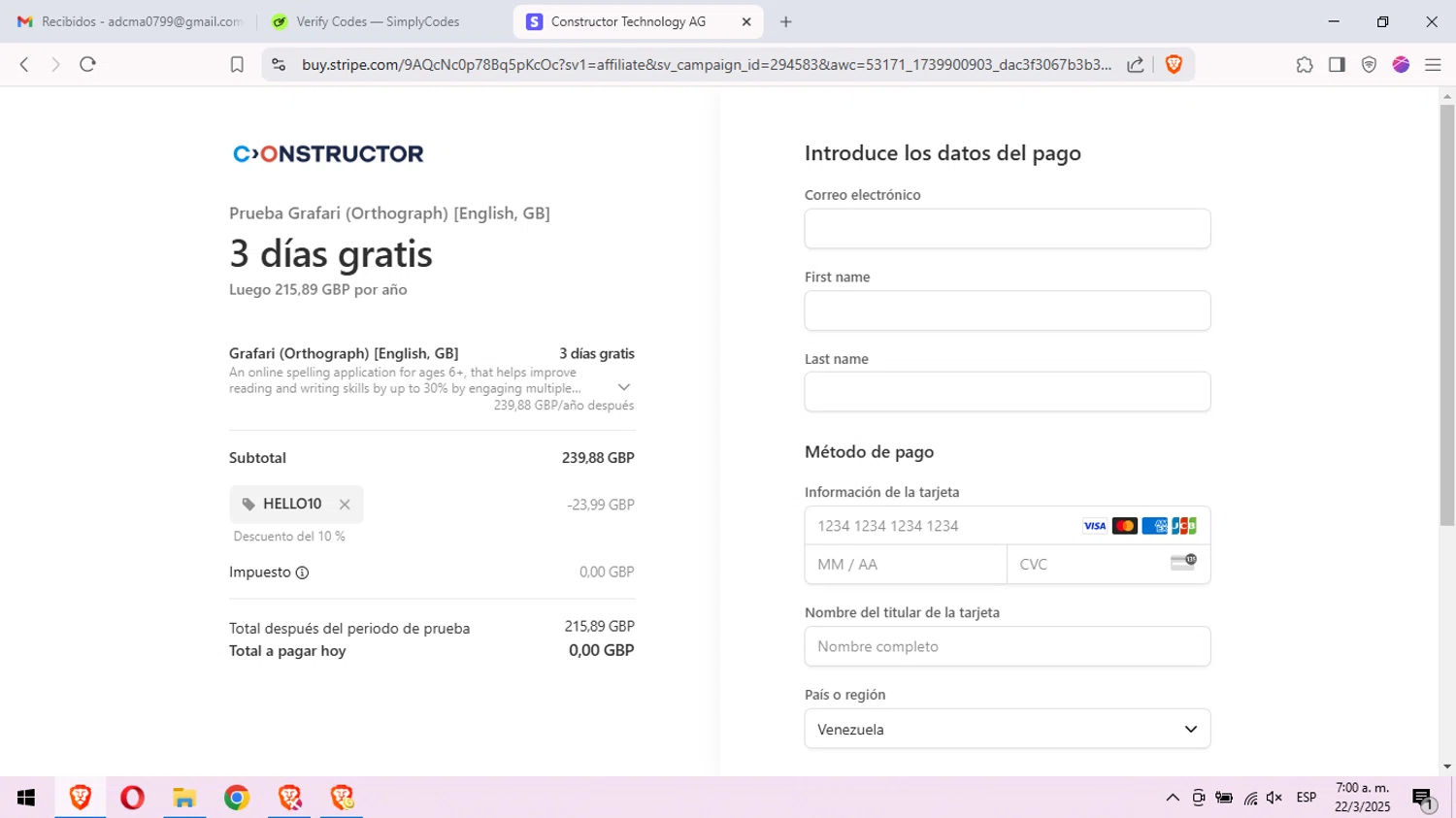 Constructor checkout page showing Constructor promo code box | Screenshot taken by SimplyCodes community member on Mar 22, 2025