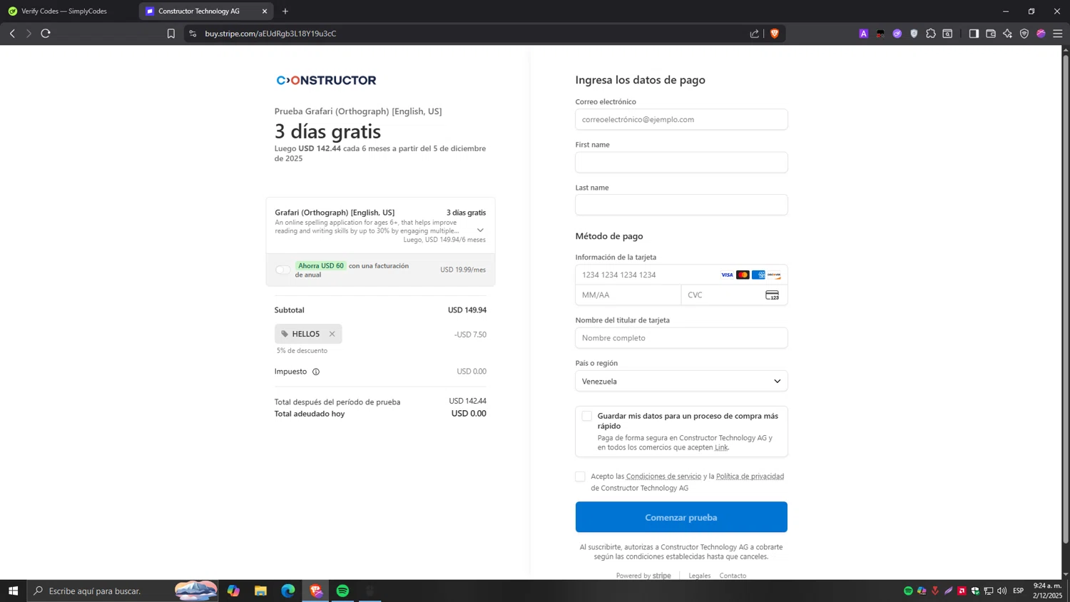Constructor promo code screenshot showing code HELLO5 applied at Constructor checkout page. Uploaded by SimplyCodes community member Tragedy on Dec 2, 2025
