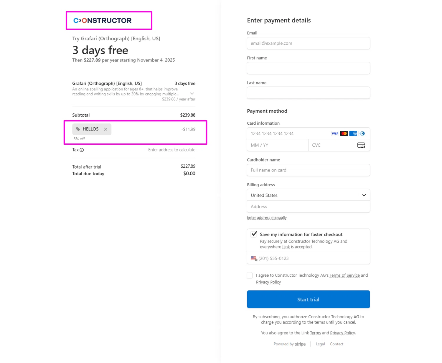 Constructor promo code screenshot showing code HELLO5 applied at Constructor checkout page. Uploaded by SimplyCodes community member mrdarcy on Nov 1, 2025