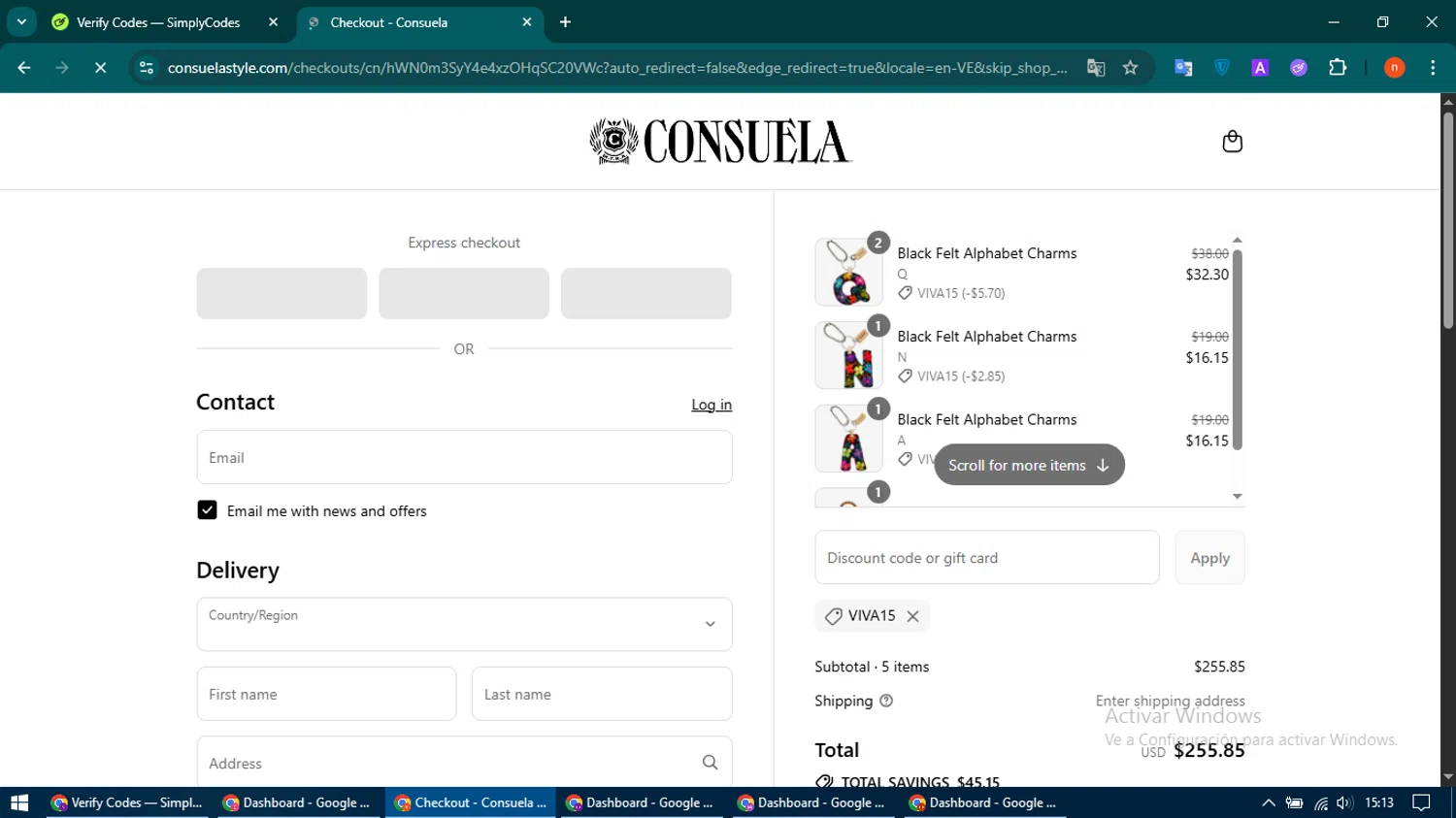 Consuela discount code screenshot showing code VIVA15 applied at Consuela checkout page. Uploaded by SimplyCodes community member CoinMaven895 on Jul 18, 2025