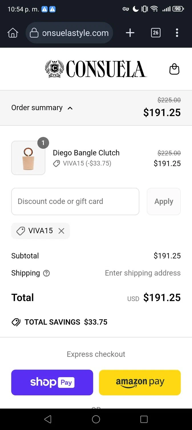 Consuela discount code screenshot showing code VIVA15 applied at Consuela checkout page. Uploaded by SimplyCodes community member George07 on Jun 29, 2025