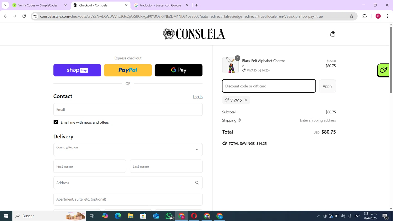 Consuela discount code screenshot showing code VIVA15 applied at Consuela checkout page. Uploaded by SimplyCodes community member andres100 on Apr 8, 2025