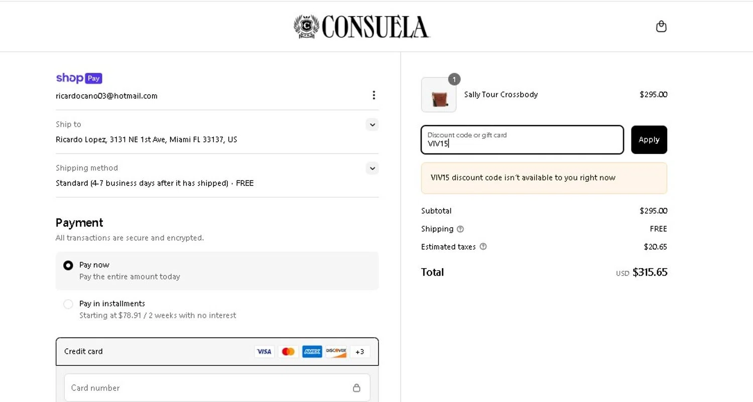 Consuela discount code screenshot showing code VIV15 applied at Consuela checkout page. Uploaded by SimplyCodes community member LAMINEJAMAL on Apr 17, 2025