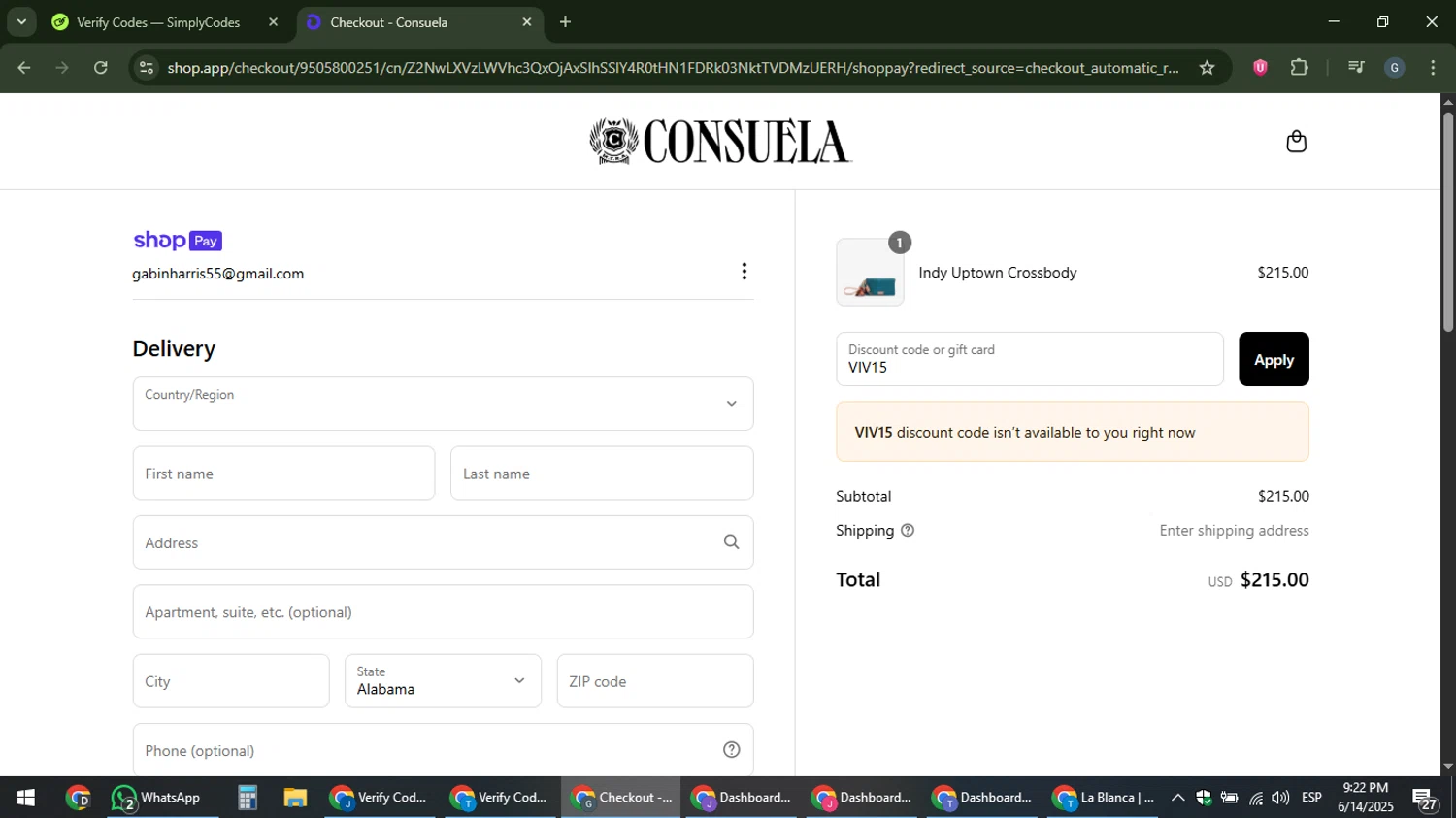 Consuela discount code screenshot showing code VIV15 applied at Consuela checkout page. Uploaded by SimplyCodes community member gabinharris55 on Jun 15, 2025