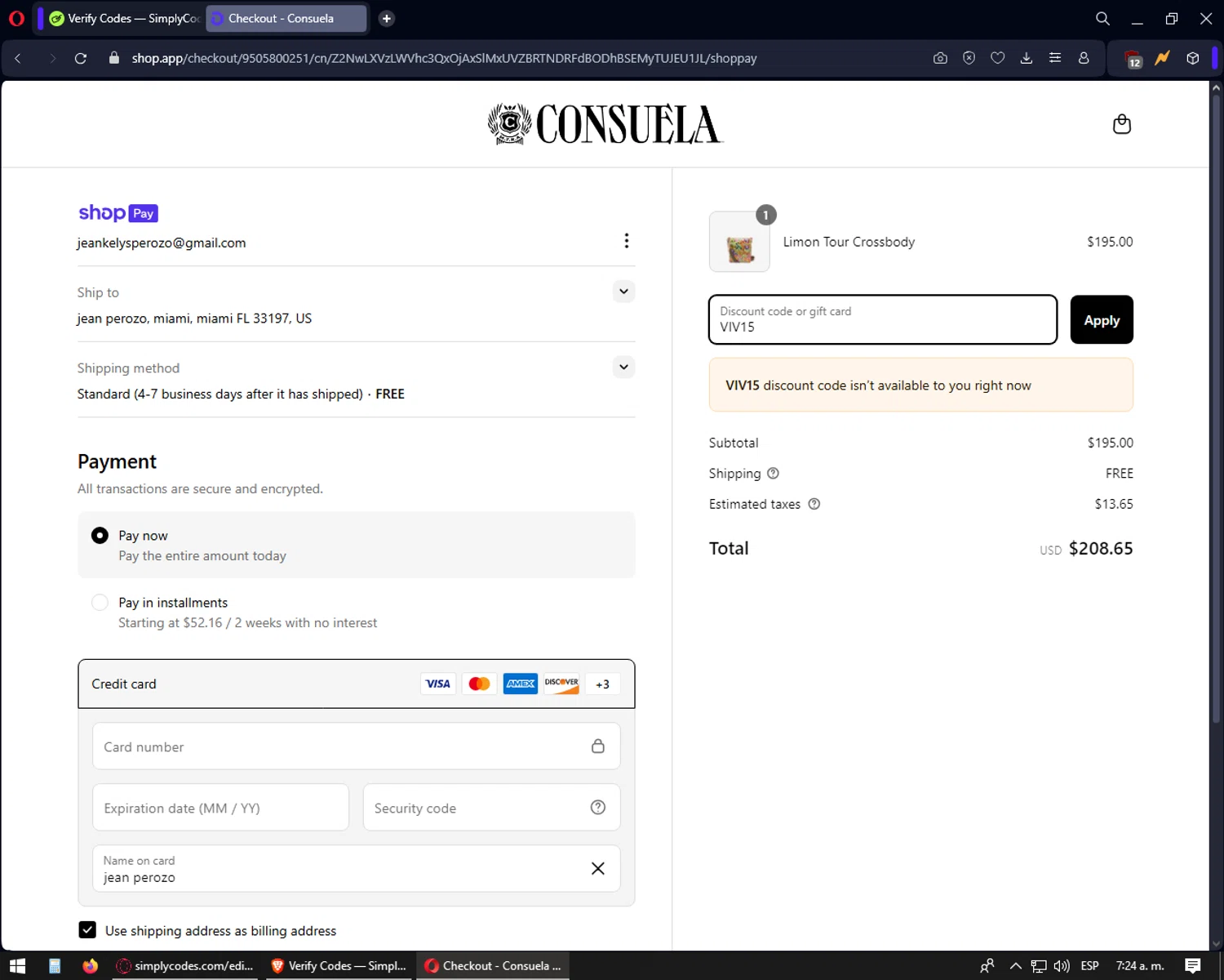 Consuela discount code screenshot showing code VIV15 applied at Consuela checkout page. Uploaded by SimplyCodes community member yonaiker on Apr 17, 2025