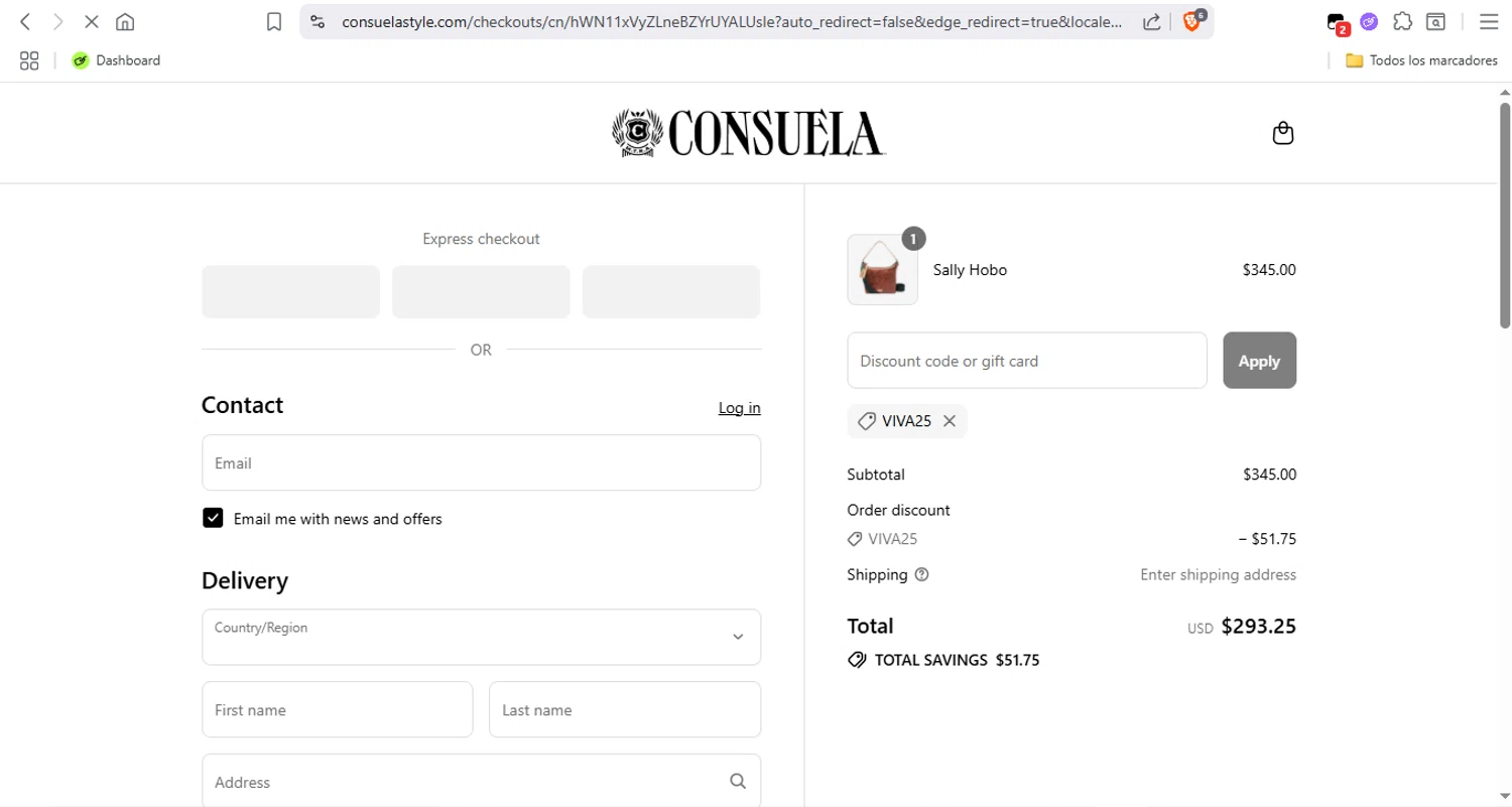 Consuela discount code screenshot showing code VIVA25 applied at Consuela checkout page. Uploaded by SimplyCodes community member Fabio05 on Jul 25, 2025