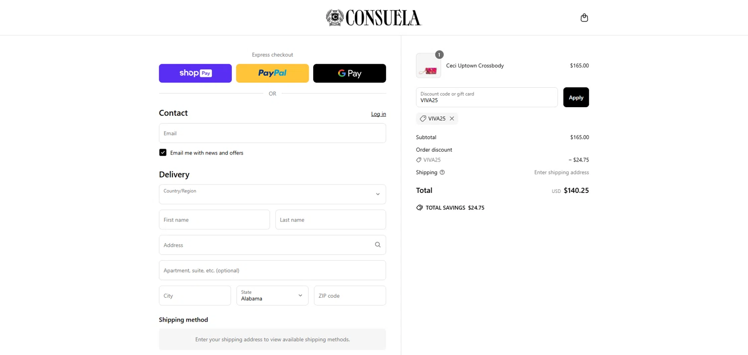 Consuela discount code screenshot showing code VIVA25 applied at Consuela checkout page. Uploaded by SimplyCodes community member ivantorres on May 19, 2025
